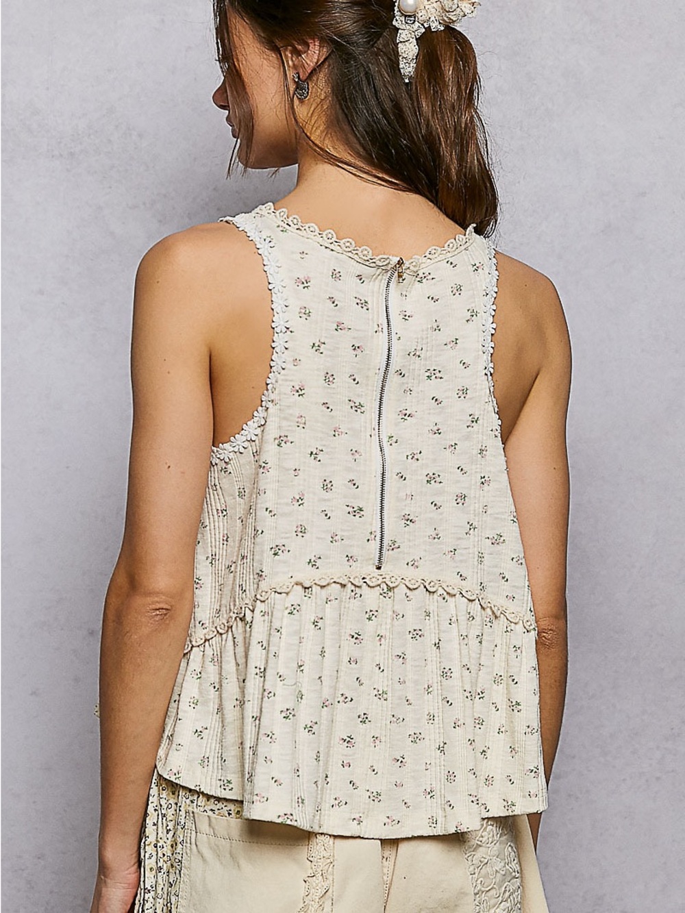 POL Cream Floral Lace-Trim Ruffle Tank Top - Picture 4 of 7